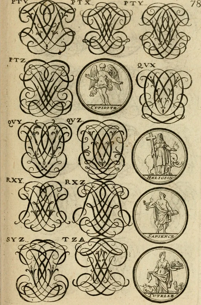 An illustration from Recueil d'emblêmes, devises, medailles, et figures hieroglyphiques : au nombre de plus de douze cent, avec leurs explications, accompagné de plus de deux mille chiffres fleuronnez simples, doubles & triples, d'une maniere nouvelle & fort curieuse pour tous les noms imaginable : avec les tenants, supports, & cimiers servans aux ornemens des armes ..., 1696, leaf 242