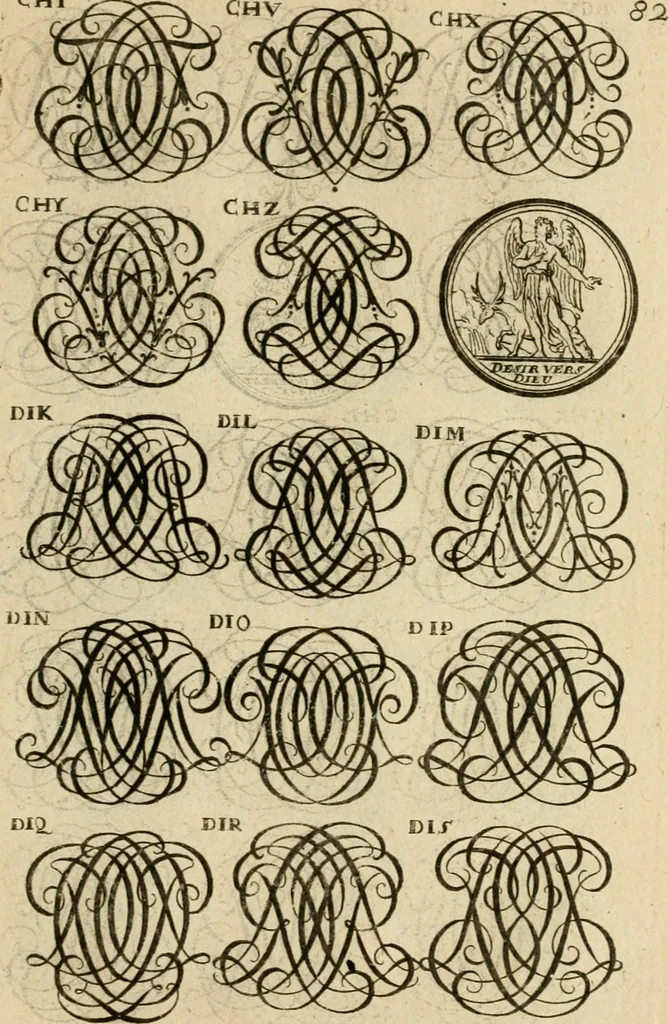 An illustration from Recueil d'emblêmes, devises, medailles, et figures hieroglyphiques : au nombre de plus de douze cent, avec leurs explications, accompagné de plus de deux mille chiffres fleuronnez simples, doubles & triples, d'une maniere nouvelle & fort curieuse pour tous les noms imaginable : avec les tenants, supports, & cimiers servans aux ornemens des armes ..., 1696, leaf 246