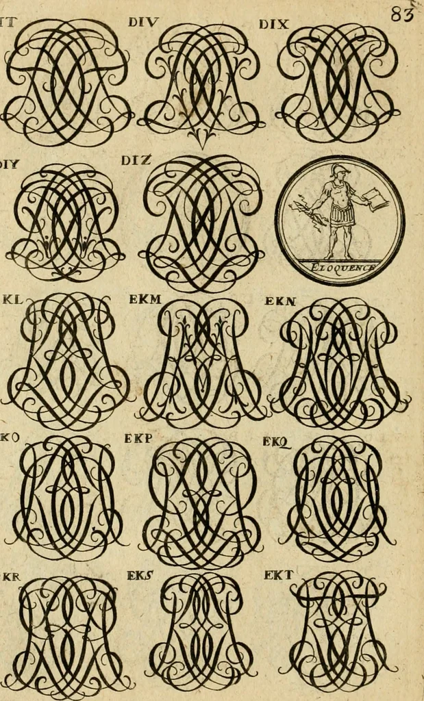 An illustration from Recueil d'emblêmes, devises, medailles, et figures hieroglyphiques : au nombre de plus de douze cent, avec leurs explications, accompagné de plus de deux mille chiffres fleuronnez simples, doubles & triples, d'une maniere nouvelle & fort curieuse pour tous les noms imaginable : avec les tenants, supports, & cimiers servans aux ornemens des armes ..., 1696, leaf 247