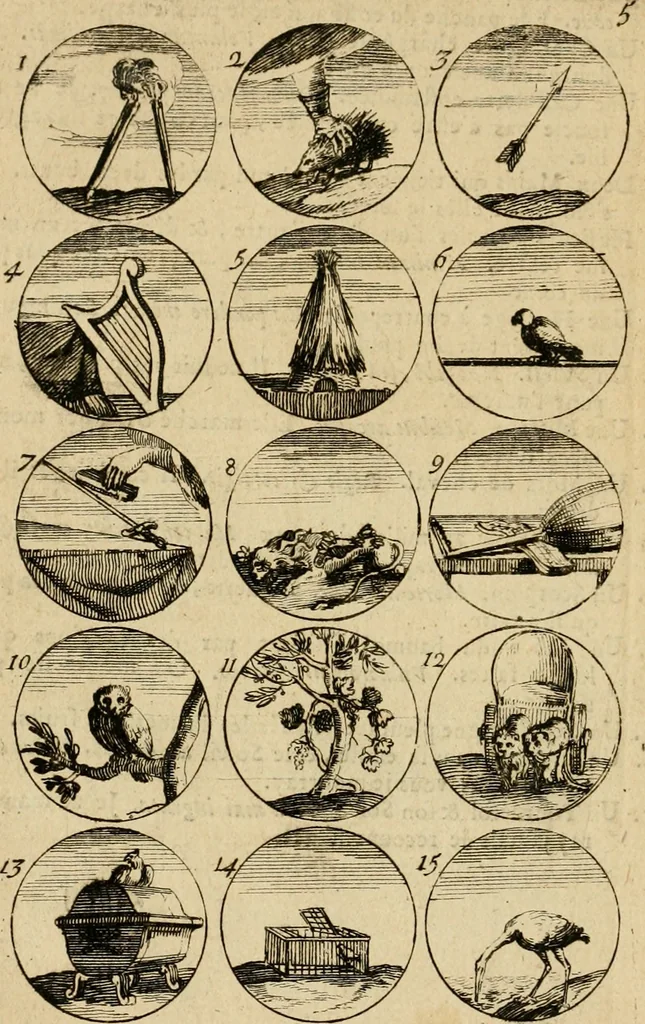 An illustration from Recueil d'emblêmes, devises, medailles, et figures hieroglyphiques : au nombre de plus de douze cent, avec leurs explications, accompagné de plus de deux mille chiffres fleuronnez simples, doubles & triples, d'une maniere nouvelle & fort curieuse pour tous les noms imaginable : avec les tenants, supports, & cimiers servans aux ornemens des armes ..., 1696, leaf 25