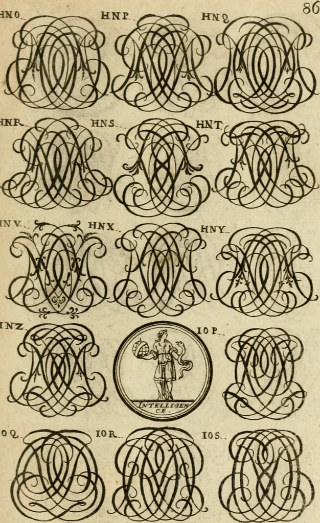 An illustration from Recueil d'emblêmes, devises, medailles, et figures hieroglyphiques : au nombre de plus de douze cent, avec leurs explications, accompagné de plus de deux mille chiffres fleuronnez simples, doubles & triples, d'une maniere nouvelle & fort curieuse pour tous les noms imaginable : avec les tenants, supports, & cimiers servans aux ornemens des armes ..., 1696, leaf 250