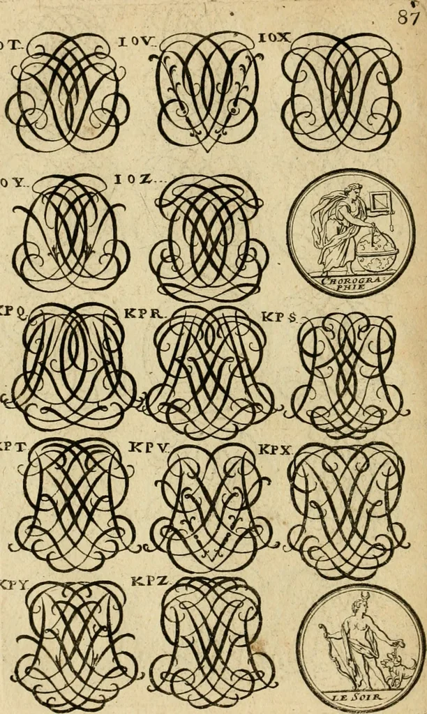 An illustration from Recueil d'emblêmes, devises, medailles, et figures hieroglyphiques : au nombre de plus de douze cent, avec leurs explications, accompagné de plus de deux mille chiffres fleuronnez simples, doubles & triples, d'une maniere nouvelle & fort curieuse pour tous les noms imaginable : avec les tenants, supports, & cimiers servans aux ornemens des armes ..., 1696, leaf 251
