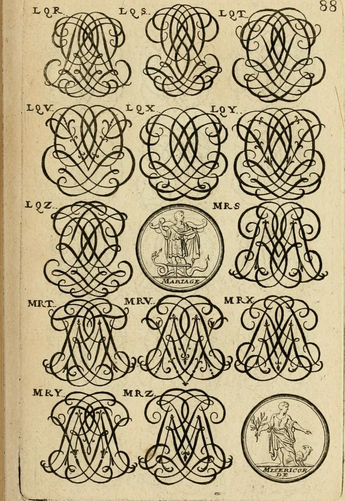 An illustration from Recueil d'emblêmes, devises, medailles, et figures hieroglyphiques : au nombre de plus de douze cent, avec leurs explications, accompagné de plus de deux mille chiffres fleuronnez simples, doubles & triples, d'une maniere nouvelle & fort curieuse pour tous les noms imaginable : avec les tenants, supports, & cimiers servans aux ornemens des armes ..., 1696, leaf 252