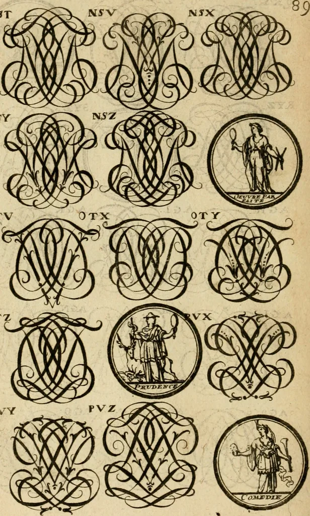 An illustration from Recueil d'emblêmes, devises, medailles, et figures hieroglyphiques : au nombre de plus de douze cent, avec leurs explications, accompagné de plus de deux mille chiffres fleuronnez simples, doubles & triples, d'une maniere nouvelle & fort curieuse pour tous les noms imaginable : avec les tenants, supports, & cimiers servans aux ornemens des armes ..., 1696, leaf 253