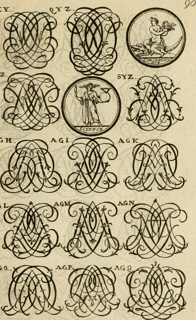 An illustration from Recueil d'emblêmes, devises, medailles, et figures hieroglyphiques : au nombre de plus de douze cent, avec leurs explications, accompagné de plus de deux mille chiffres fleuronnez simples, doubles & triples, d'une maniere nouvelle & fort curieuse pour tous les noms imaginable : avec les tenants, supports, & cimiers servans aux ornemens des armes ..., 1696, leaf 254