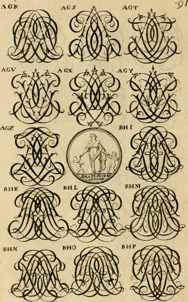 An illustration from Recueil d'emblêmes, devises, medailles, et figures hieroglyphiques : au nombre de plus de douze cent, avec leurs explications, accompagné de plus de deux mille chiffres fleuronnez simples, doubles & triples, d'une maniere nouvelle & fort curieuse pour tous les noms imaginable : avec les tenants, supports, & cimiers servans aux ornemens des armes ..., 1696, leaf 255