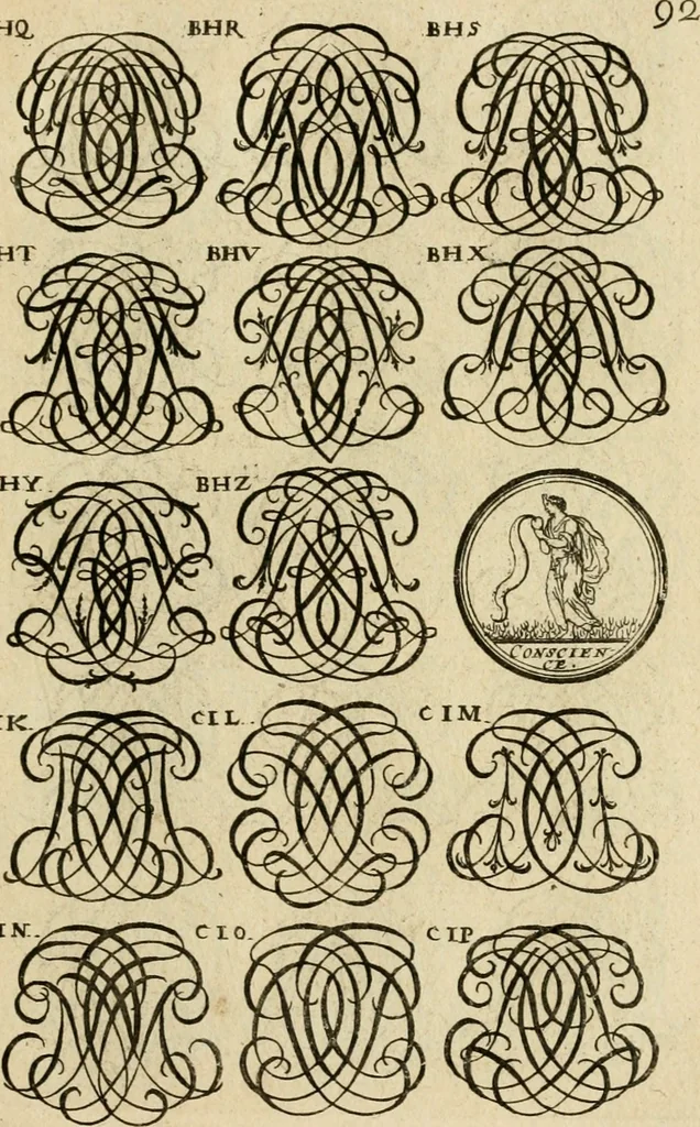An illustration from Recueil d'emblêmes, devises, medailles, et figures hieroglyphiques : au nombre de plus de douze cent, avec leurs explications, accompagné de plus de deux mille chiffres fleuronnez simples, doubles & triples, d'une maniere nouvelle & fort curieuse pour tous les noms imaginable : avec les tenants, supports, & cimiers servans aux ornemens des armes ..., 1696, leaf 256