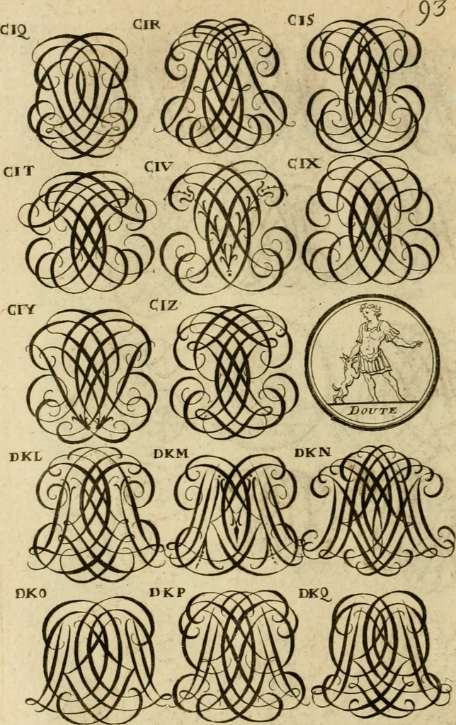 An illustration from Recueil d'emblêmes, devises, medailles, et figures hieroglyphiques : au nombre de plus de douze cent, avec leurs explications, accompagné de plus de deux mille chiffres fleuronnez simples, doubles & triples, d'une maniere nouvelle & fort curieuse pour tous les noms imaginable : avec les tenants, supports, & cimiers servans aux ornemens des armes ..., 1696, leaf 257