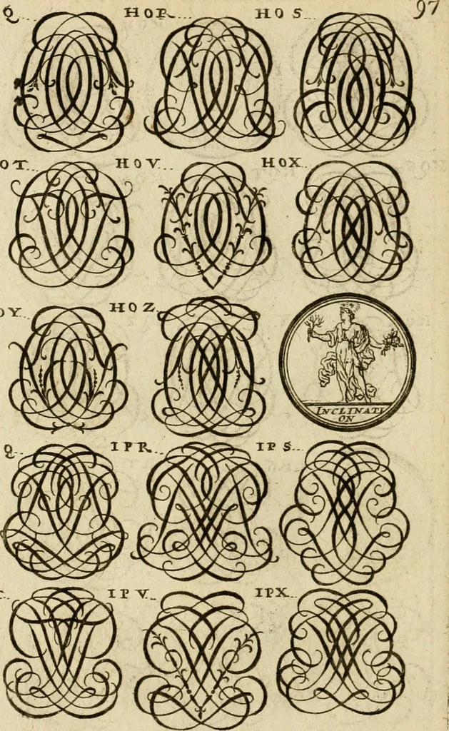 An illustration from Recueil d'emblêmes, devises, medailles, et figures hieroglyphiques : au nombre de plus de douze cent, avec leurs explications, accompagné de plus de deux mille chiffres fleuronnez simples, doubles & triples, d'une maniere nouvelle & fort curieuse pour tous les noms imaginable : avec les tenants, supports, & cimiers servans aux ornemens des armes ..., 1696, leaf 261