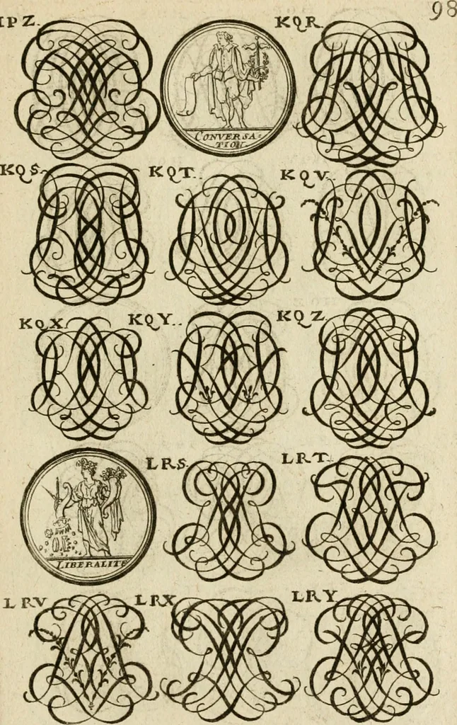 An illustration from Recueil d'emblêmes, devises, medailles, et figures hieroglyphiques : au nombre de plus de douze cent, avec leurs explications, accompagné de plus de deux mille chiffres fleuronnez simples, doubles & triples, d'une maniere nouvelle & fort curieuse pour tous les noms imaginable : avec les tenants, supports, & cimiers servans aux ornemens des armes ..., 1696, leaf 262