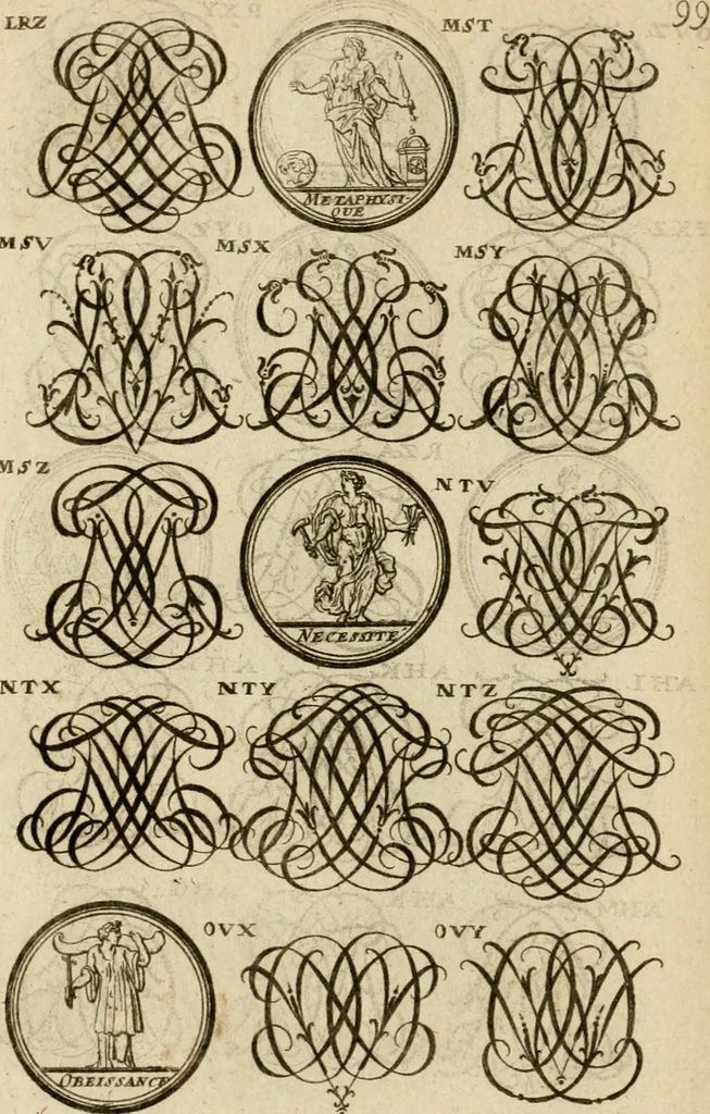 An illustration from Recueil d'emblêmes, devises, medailles, et figures hieroglyphiques : au nombre de plus de douze cent, avec leurs explications, accompagné de plus de deux mille chiffres fleuronnez simples, doubles & triples, d'une maniere nouvelle & fort curieuse pour tous les noms imaginable : avec les tenants, supports, & cimiers servans aux ornemens des armes ..., 1696, leaf 263