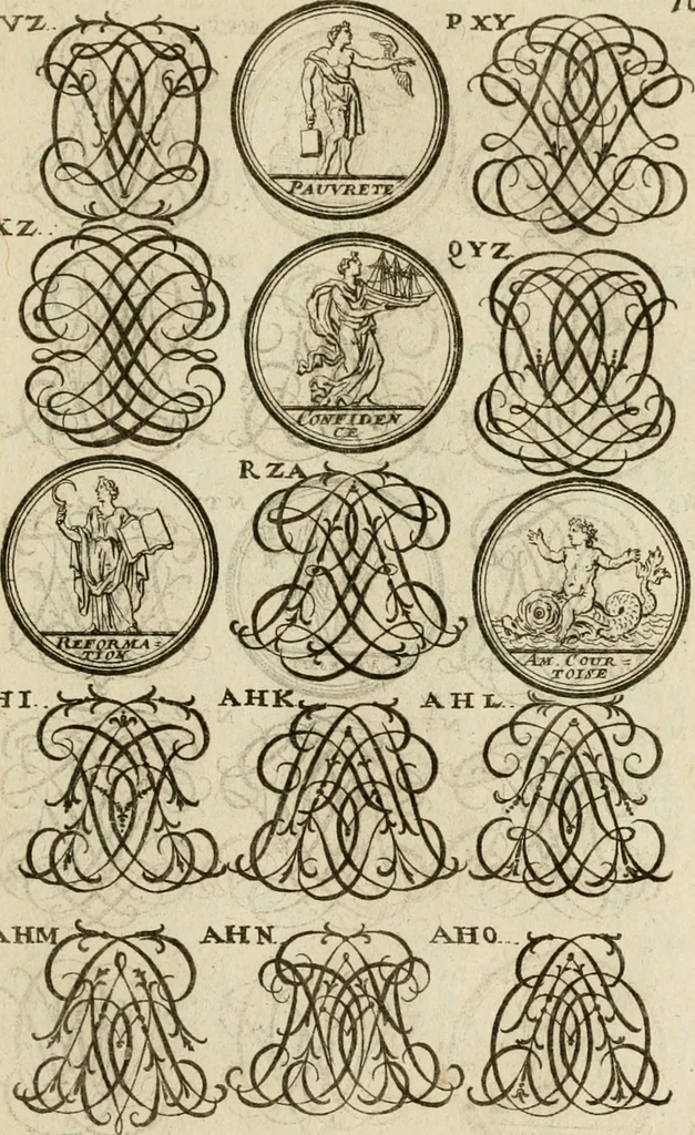 An illustration from Recueil d'emblêmes, devises, medailles, et figures hieroglyphiques : au nombre de plus de douze cent, avec leurs explications, accompagné de plus de deux mille chiffres fleuronnez simples, doubles & triples, d'une maniere nouvelle & fort curieuse pour tous les noms imaginable : avec les tenants, supports, & cimiers servans aux ornemens des armes ..., 1696, leaf 264