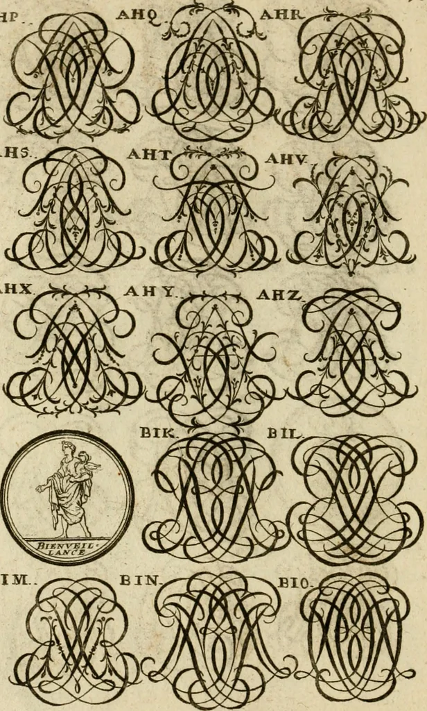 An illustration from Recueil d'emblêmes, devises, medailles, et figures hieroglyphiques : au nombre de plus de douze cent, avec leurs explications, accompagné de plus de deux mille chiffres fleuronnez simples, doubles & triples, d'une maniere nouvelle & fort curieuse pour tous les noms imaginable : avec les tenants, supports, & cimiers servans aux ornemens des armes ..., 1696, leaf 265