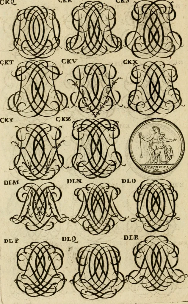 An illustration from Recueil d'emblêmes, devises, medailles, et figures hieroglyphiques : au nombre de plus de douze cent, avec leurs explications, accompagné de plus de deux mille chiffres fleuronnez simples, doubles & triples, d'une maniere nouvelle & fort curieuse pour tous les noms imaginable : avec les tenants, supports, & cimiers servans aux ornemens des armes ..., 1696, leaf 267