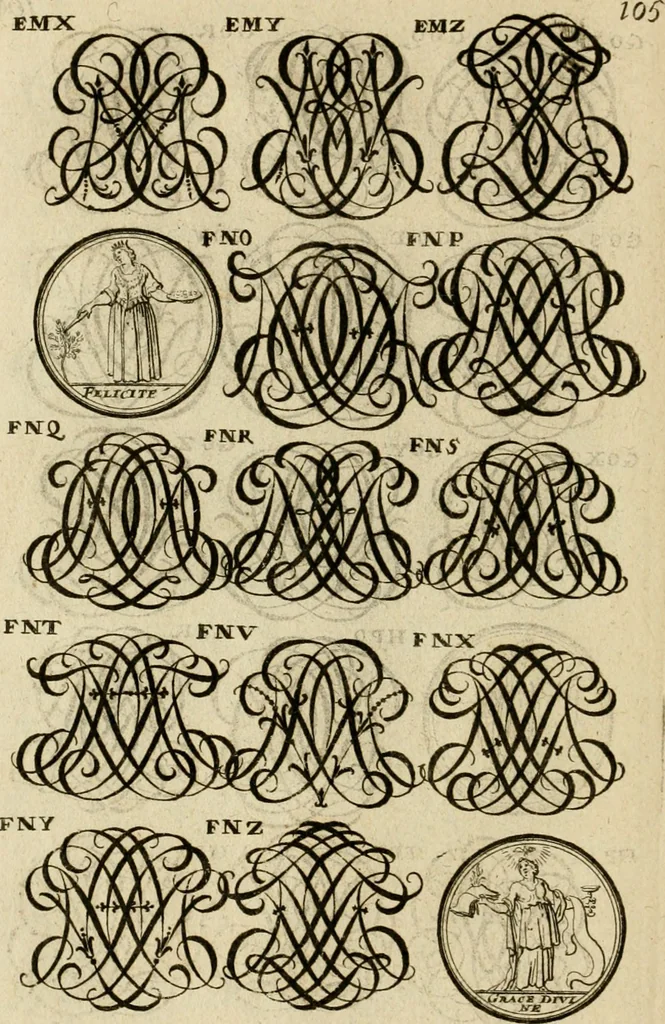 An illustration from Recueil d'emblêmes, devises, medailles, et figures hieroglyphiques : au nombre de plus de douze cent, avec leurs explications, accompagné de plus de deux mille chiffres fleuronnez simples, doubles & triples, d'une maniere nouvelle & fort curieuse pour tous les noms imaginable : avec les tenants, supports, & cimiers servans aux ornemens des armes ..., 1696, leaf 269