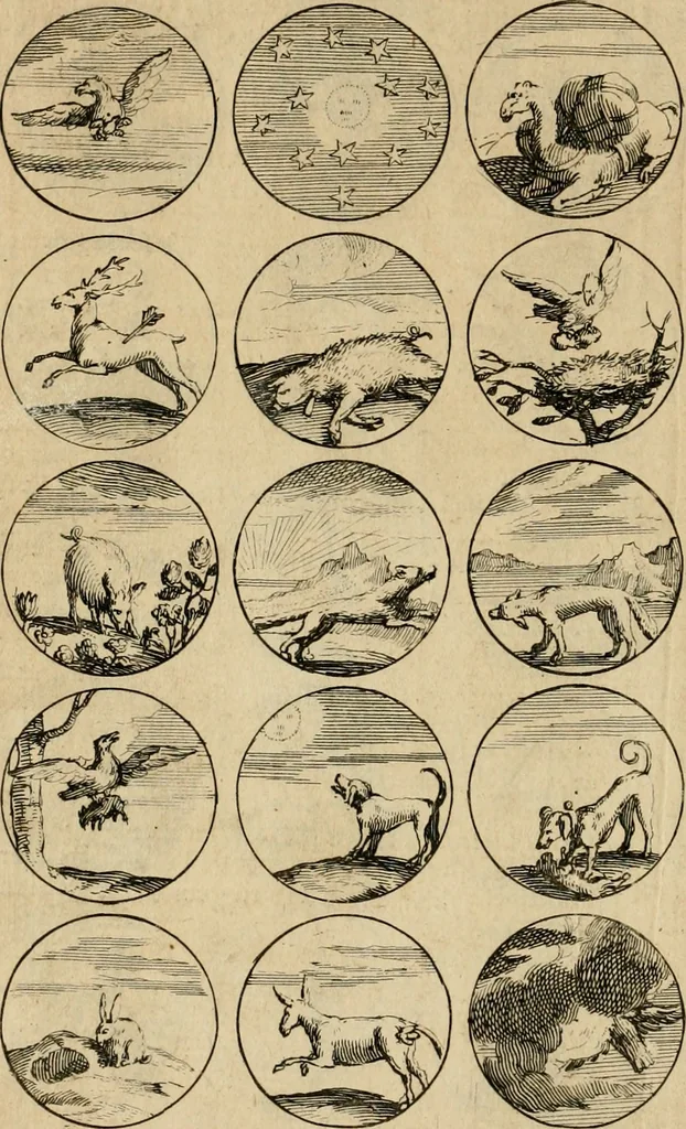 An illustration from Recueil d'emblêmes, devises, medailles, et figures hieroglyphiques : au nombre de plus de douze cent, avec leurs explications, accompagné de plus de deux mille chiffres fleuronnez simples, doubles & triples, d'une maniere nouvelle & fort curieuse pour tous les noms imaginable : avec les tenants, supports, & cimiers servans aux ornemens des armes ..., 1696, leaf 27