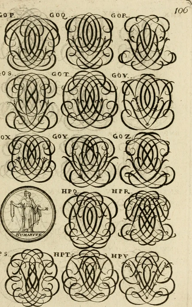 An illustration from Recueil d'emblêmes, devises, medailles, et figures hieroglyphiques : au nombre de plus de douze cent, avec leurs explications, accompagné de plus de deux mille chiffres fleuronnez simples, doubles & triples, d'une maniere nouvelle & fort curieuse pour tous les noms imaginable : avec les tenants, supports, & cimiers servans aux ornemens des armes ..., 1696, leaf 270