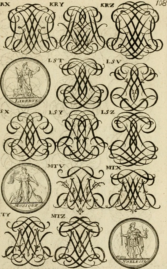 An illustration from Recueil d'emblêmes, devises, medailles, et figures hieroglyphiques : au nombre de plus de douze cent, avec leurs explications, accompagné de plus de deux mille chiffres fleuronnez simples, doubles & triples, d'une maniere nouvelle & fort curieuse pour tous les noms imaginable : avec les tenants, supports, & cimiers servans aux ornemens des armes ..., 1696, leaf 272
