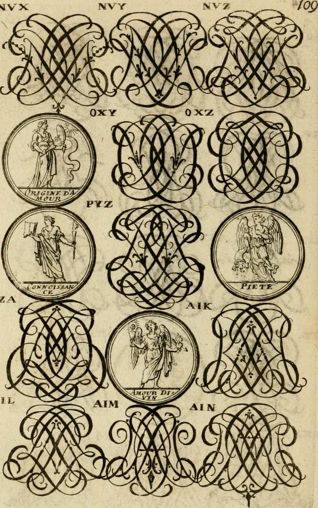 An illustration from Recueil d'emblêmes, devises, medailles, et figures hieroglyphiques : au nombre de plus de douze cent, avec leurs explications, accompagné de plus de deux mille chiffres fleuronnez simples, doubles & triples, d'une maniere nouvelle & fort curieuse pour tous les noms imaginable : avec les tenants, supports, & cimiers servans aux ornemens des armes ..., 1696, leaf 273