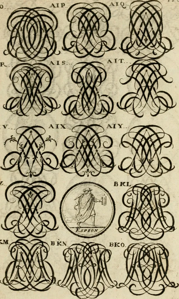 An illustration from Recueil d'emblêmes, devises, medailles, et figures hieroglyphiques : au nombre de plus de douze cent, avec leurs explications, accompagné de plus de deux mille chiffres fleuronnez simples, doubles & triples, d'une maniere nouvelle & fort curieuse pour tous les noms imaginable : avec les tenants, supports, & cimiers servans aux ornemens des armes ..., 1696, leaf 274