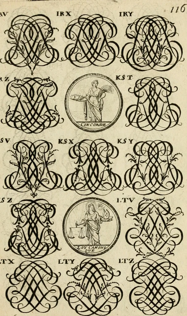 An illustration from Recueil d'emblêmes, devises, medailles, et figures hieroglyphiques : au nombre de plus de douze cent, avec leurs explications, accompagné de plus de deux mille chiffres fleuronnez simples, doubles & triples, d'une maniere nouvelle & fort curieuse pour tous les noms imaginable : avec les tenants, supports, & cimiers servans aux ornemens des armes ..., 1696, leaf 280