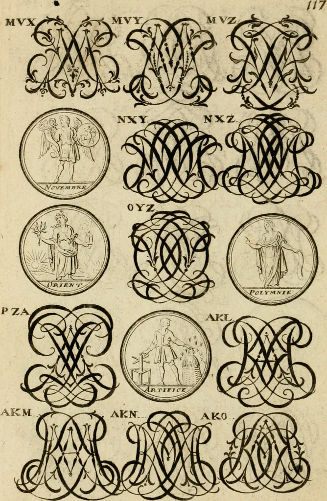 An illustration from Recueil d'emblêmes, devises, medailles, et figures hieroglyphiques : au nombre de plus de douze cent, avec leurs explications, accompagné de plus de deux mille chiffres fleuronnez simples, doubles & triples, d'une maniere nouvelle & fort curieuse pour tous les noms imaginable : avec les tenants, supports, & cimiers servans aux ornemens des armes ..., 1696, leaf 281