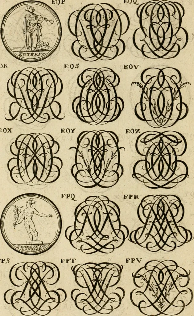 An illustration from Recueil d'emblêmes, devises, medailles, et figures hieroglyphiques : au nombre de plus de douze cent, avec leurs explications, accompagné de plus de deux mille chiffres fleuronnez simples, doubles & triples, d'une maniere nouvelle & fort curieuse pour tous les noms imaginable : avec les tenants, supports, & cimiers servans aux ornemens des armes ..., 1696, leaf 285