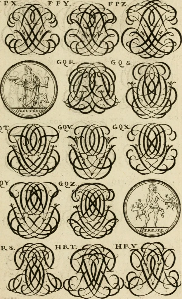 An illustration from Recueil d'emblêmes, devises, medailles, et figures hieroglyphiques : au nombre de plus de douze cent, avec leurs explications, accompagné de plus de deux mille chiffres fleuronnez simples, doubles & triples, d'une maniere nouvelle & fort curieuse pour tous les noms imaginable : avec les tenants, supports, & cimiers servans aux ornemens des armes ..., 1696, leaf 286