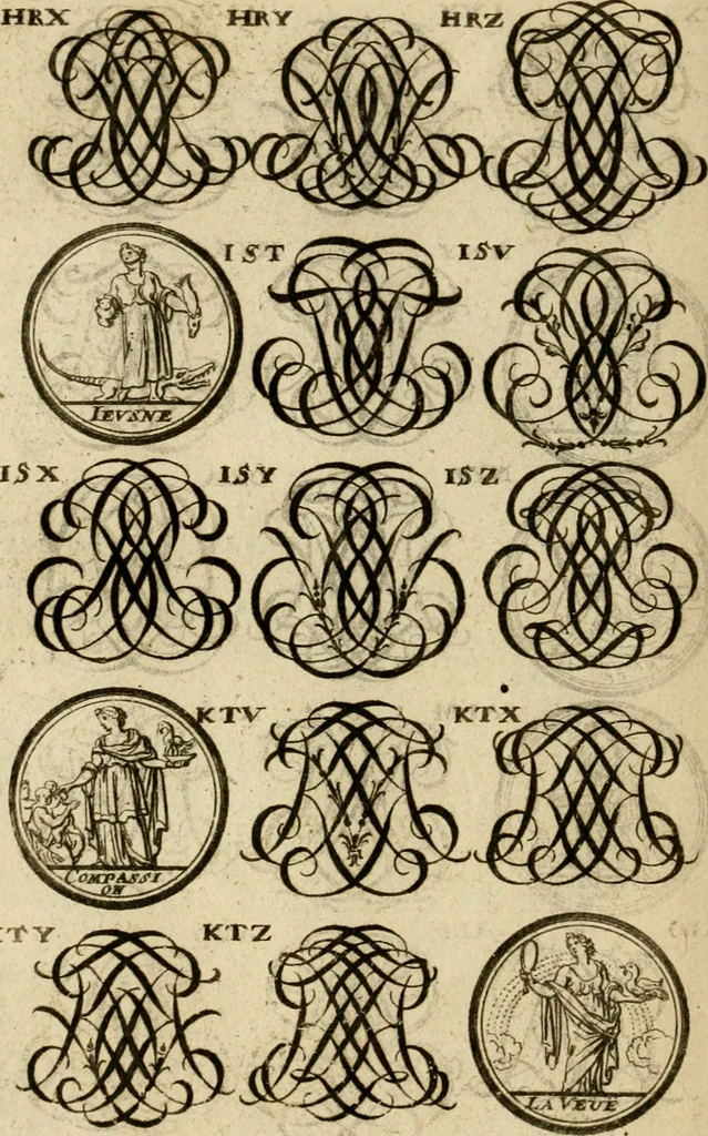 An illustration from Recueil d'emblêmes, devises, medailles, et figures hieroglyphiques : au nombre de plus de douze cent, avec leurs explications, accompagné de plus de deux mille chiffres fleuronnez simples, doubles & triples, d'une maniere nouvelle & fort curieuse pour tous les noms imaginable : avec les tenants, supports, & cimiers servans aux ornemens des armes ..., 1696, leaf 287