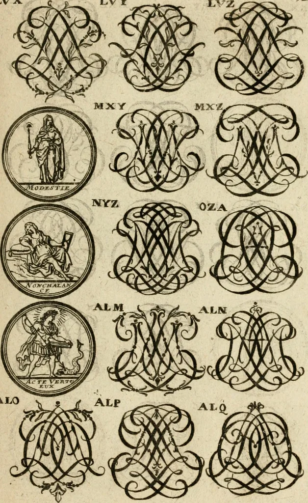 An illustration from Recueil d'emblêmes, devises, medailles, et figures hieroglyphiques : au nombre de plus de douze cent, avec leurs explications, accompagné de plus de deux mille chiffres fleuronnez simples, doubles & triples, d'une maniere nouvelle & fort curieuse pour tous les noms imaginable : avec les tenants, supports, & cimiers servans aux ornemens des armes ..., 1696, leaf 288