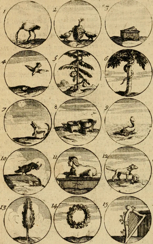 An illustration from Recueil d'emblêmes, devises, medailles, et figures hieroglyphiques : au nombre de plus de douze cent, avec leurs explications, accompagné de plus de deux mille chiffres fleuronnez simples, doubles & triples, d'une maniere nouvelle & fort curieuse pour tous les noms imaginable : avec les tenants, supports, & cimiers servans aux ornemens des armes ..., 1696, leaf 29
