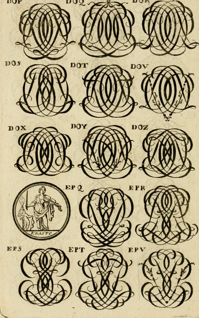 An illustration from Recueil d'emblêmes, devises, medailles, et figures hieroglyphiques : au nombre de plus de douze cent, avec leurs explications, accompagné de plus de deux mille chiffres fleuronnez simples, doubles & triples, d'une maniere nouvelle & fort curieuse pour tous les noms imaginable : avec les tenants, supports, & cimiers servans aux ornemens des armes ..., 1696, leaf 291