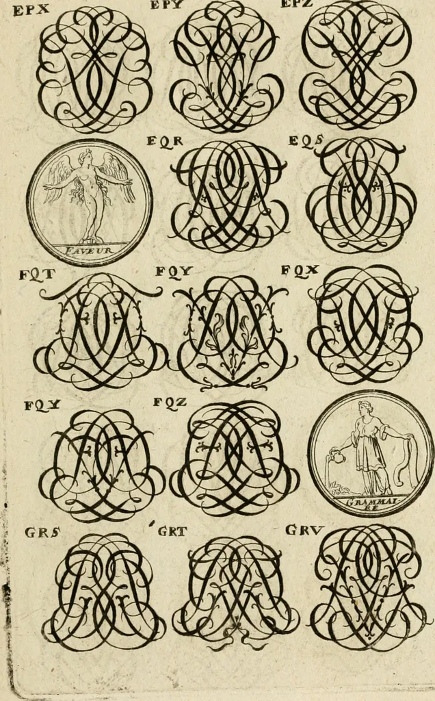 An illustration from Recueil d'emblêmes, devises, medailles, et figures hieroglyphiques : au nombre de plus de douze cent, avec leurs explications, accompagné de plus de deux mille chiffres fleuronnez simples, doubles & triples, d'une maniere nouvelle & fort curieuse pour tous les noms imaginable : avec les tenants, supports, & cimiers servans aux ornemens des armes ..., 1696, leaf 292