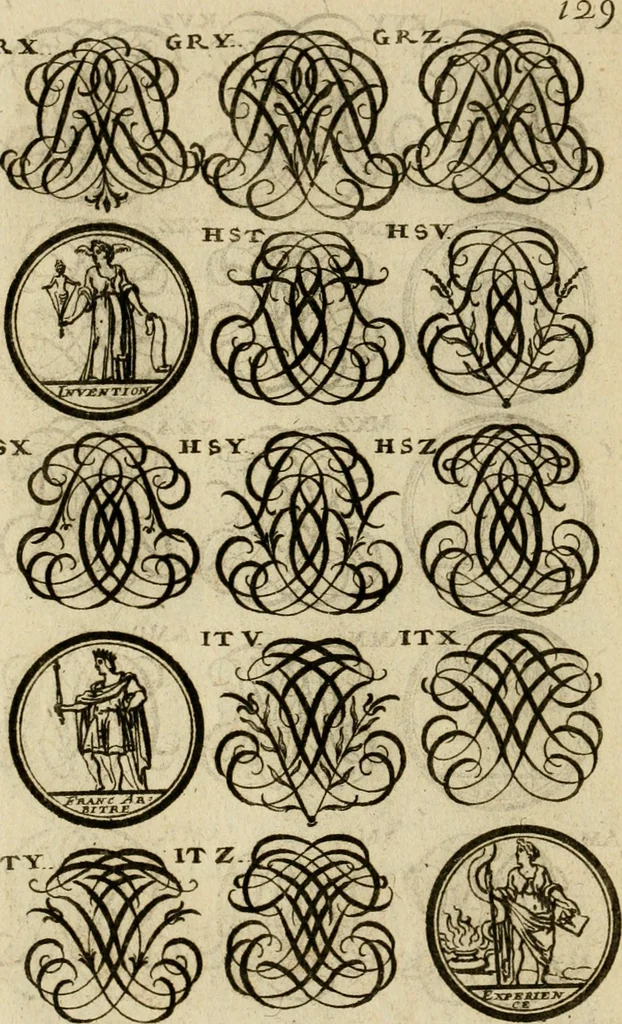 An illustration from Recueil d'emblêmes, devises, medailles, et figures hieroglyphiques : au nombre de plus de douze cent, avec leurs explications, accompagné de plus de deux mille chiffres fleuronnez simples, doubles & triples, d'une maniere nouvelle & fort curieuse pour tous les noms imaginable : avec les tenants, supports, & cimiers servans aux ornemens des armes ..., 1696, leaf 293