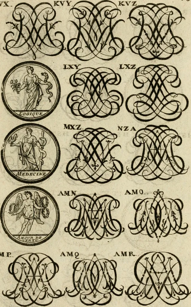 An illustration from Recueil d'emblêmes, devises, medailles, et figures hieroglyphiques : au nombre de plus de douze cent, avec leurs explications, accompagné de plus de deux mille chiffres fleuronnez simples, doubles & triples, d'une maniere nouvelle & fort curieuse pour tous les noms imaginable : avec les tenants, supports, & cimiers servans aux ornemens des armes ..., 1696, leaf 294