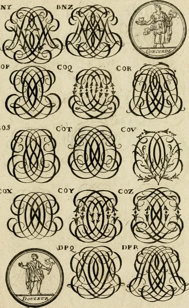An illustration from Recueil d'emblêmes, devises, medailles, et figures hieroglyphiques : au nombre de plus de douze cent, avec leurs explications, accompagné de plus de deux mille chiffres fleuronnez simples, doubles & triples, d'une maniere nouvelle & fort curieuse pour tous les noms imaginable : avec les tenants, supports, & cimiers servans aux ornemens des armes ..., 1696, leaf 296