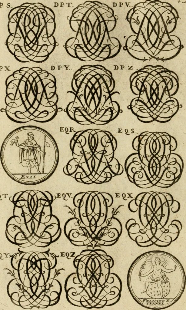 An illustration from Recueil d'emblêmes, devises, medailles, et figures hieroglyphiques : au nombre de plus de douze cent, avec leurs explications, accompagné de plus de deux mille chiffres fleuronnez simples, doubles & triples, d'une maniere nouvelle & fort curieuse pour tous les noms imaginable : avec les tenants, supports, & cimiers servans aux ornemens des armes ..., 1696, leaf 297