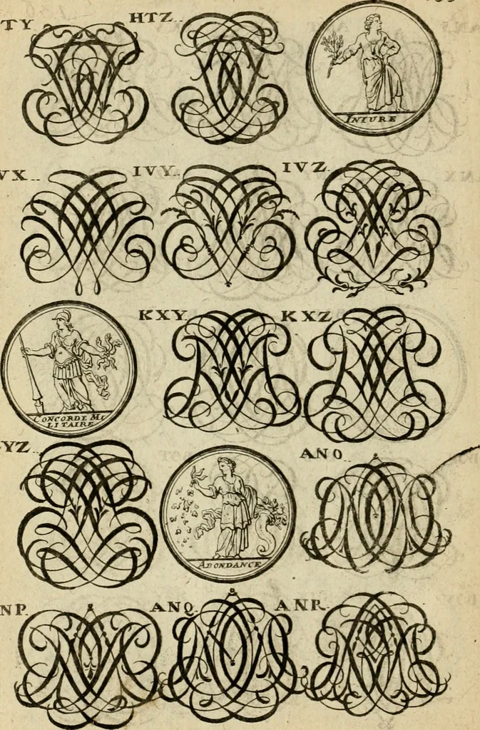 An illustration from Recueil d'emblêmes, devises, medailles, et figures hieroglyphiques : au nombre de plus de douze cent, avec leurs explications, accompagné de plus de deux mille chiffres fleuronnez simples, doubles & triples, d'une maniere nouvelle & fort curieuse pour tous les noms imaginable : avec les tenants, supports, & cimiers servans aux ornemens des armes ..., 1696, leaf 299