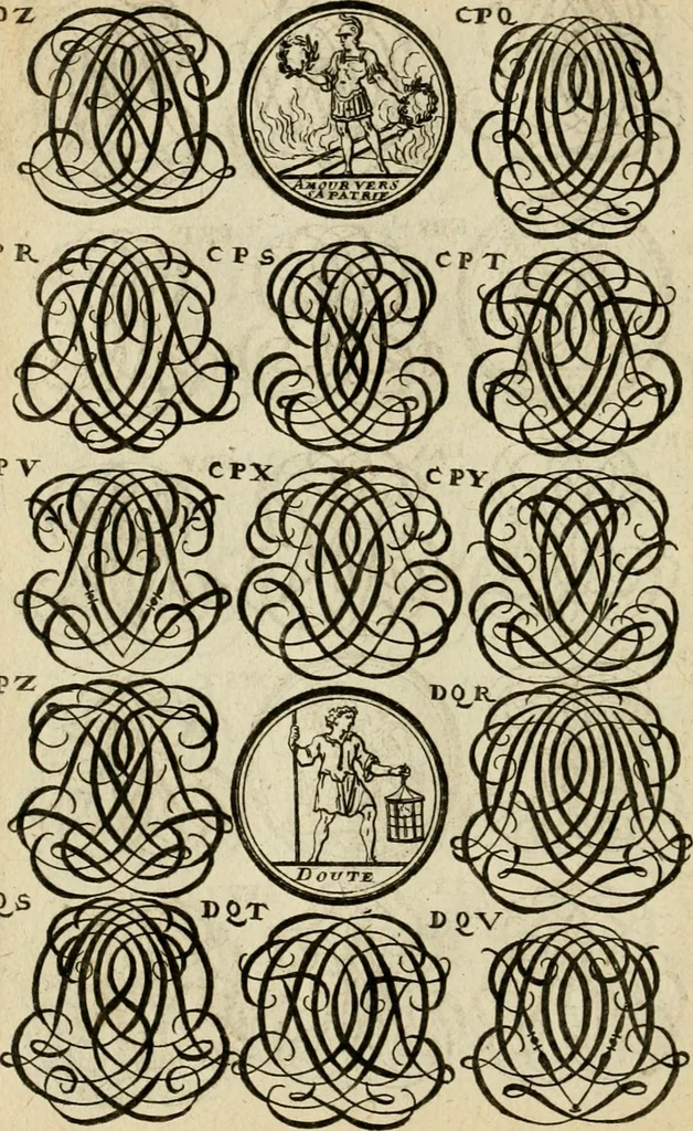 An illustration from Recueil d'emblêmes, devises, medailles, et figures hieroglyphiques : au nombre de plus de douze cent, avec leurs explications, accompagné de plus de deux mille chiffres fleuronnez simples, doubles & triples, d'une maniere nouvelle & fort curieuse pour tous les noms imaginable : avec les tenants, supports, & cimiers servans aux ornemens des armes ..., 1696, leaf 301
