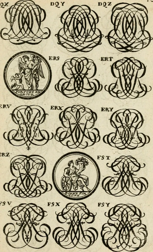 An illustration from Recueil d'emblêmes, devises, medailles, et figures hieroglyphiques : au nombre de plus de douze cent, avec leurs explications, accompagné de plus de deux mille chiffres fleuronnez simples, doubles & triples, d'une maniere nouvelle & fort curieuse pour tous les noms imaginable : avec les tenants, supports, & cimiers servans aux ornemens des armes ..., 1696, leaf 302