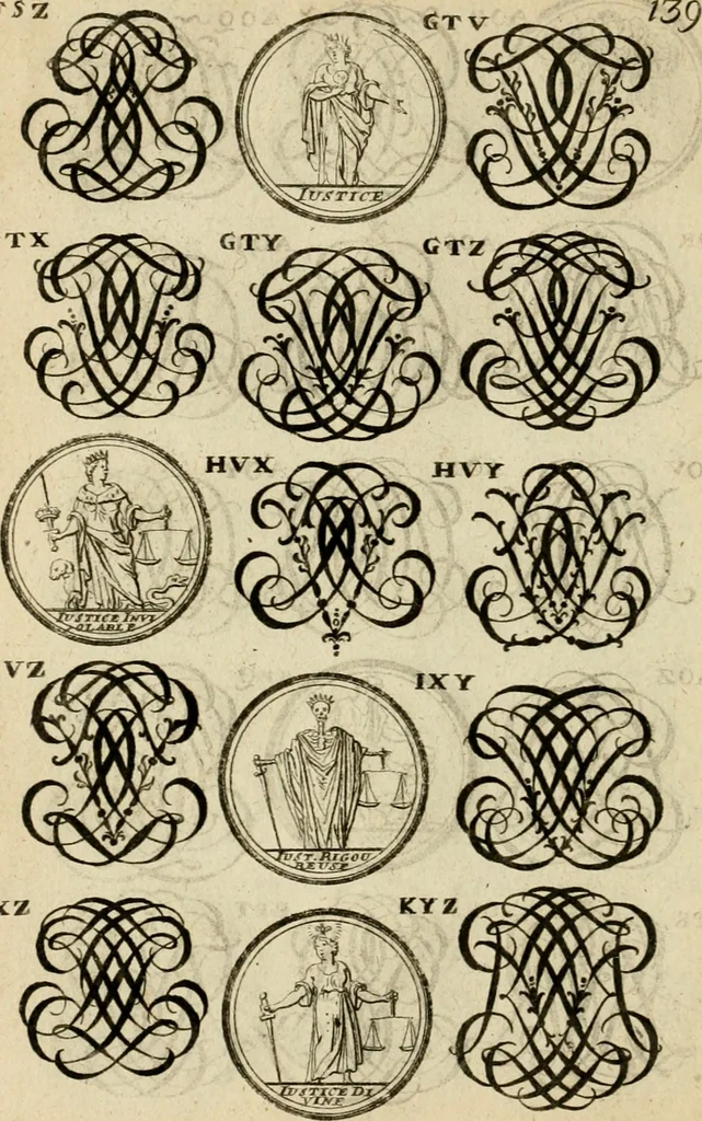 An illustration from Recueil d'emblêmes, devises, medailles, et figures hieroglyphiques : au nombre de plus de douze cent, avec leurs explications, accompagné de plus de deux mille chiffres fleuronnez simples, doubles & triples, d'une maniere nouvelle & fort curieuse pour tous les noms imaginable : avec les tenants, supports, & cimiers servans aux ornemens des armes ..., 1696, leaf 303