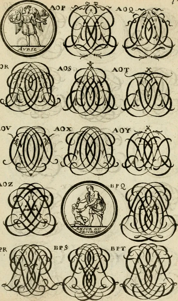 An illustration from Recueil d'emblêmes, devises, medailles, et figures hieroglyphiques : au nombre de plus de douze cent, avec leurs explications, accompagné de plus de deux mille chiffres fleuronnez simples, doubles & triples, d'une maniere nouvelle & fort curieuse pour tous les noms imaginable : avec les tenants, supports, & cimiers servans aux ornemens des armes ..., 1696, leaf 304