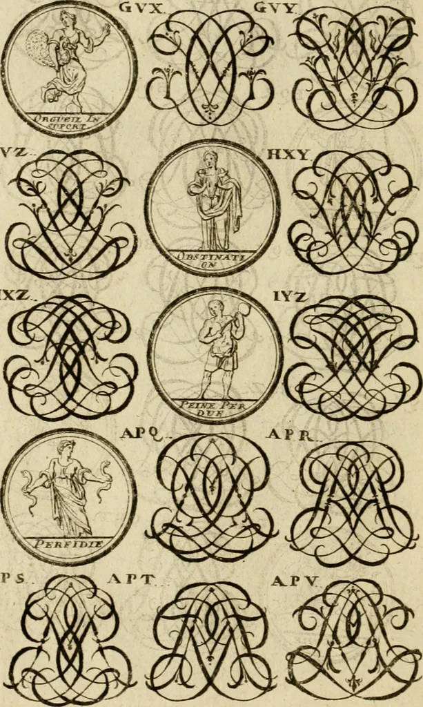 An illustration from Recueil d'emblêmes, devises, medailles, et figures hieroglyphiques : au nombre de plus de douze cent, avec leurs explications, accompagné de plus de deux mille chiffres fleuronnez simples, doubles & triples, d'une maniere nouvelle & fort curieuse pour tous les noms imaginable : avec les tenants, supports, & cimiers servans aux ornemens des armes ..., 1696, leaf 307