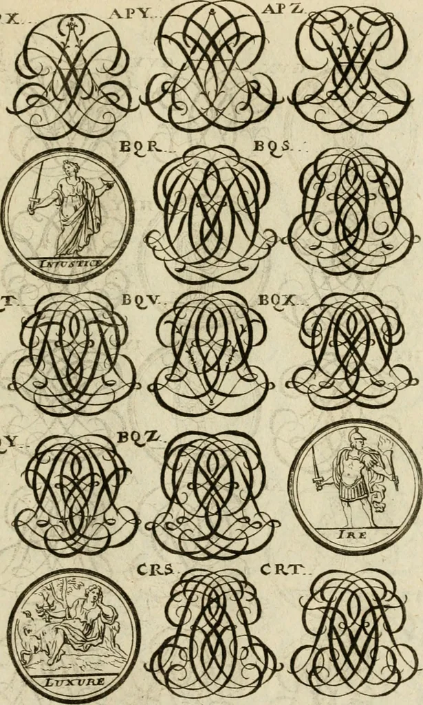 An illustration from Recueil d'emblêmes, devises, medailles, et figures hieroglyphiques : au nombre de plus de douze cent, avec leurs explications, accompagné de plus de deux mille chiffres fleuronnez simples, doubles & triples, d'une maniere nouvelle & fort curieuse pour tous les noms imaginable : avec les tenants, supports, & cimiers servans aux ornemens des armes ..., 1696, leaf 308