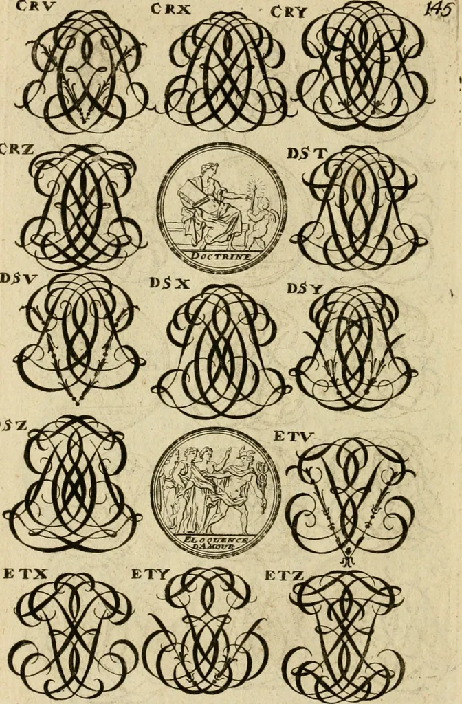 An illustration from Recueil d'emblêmes, devises, medailles, et figures hieroglyphiques : au nombre de plus de douze cent, avec leurs explications, accompagné de plus de deux mille chiffres fleuronnez simples, doubles & triples, d'une maniere nouvelle & fort curieuse pour tous les noms imaginable : avec les tenants, supports, & cimiers servans aux ornemens des armes ..., 1696, leaf 309