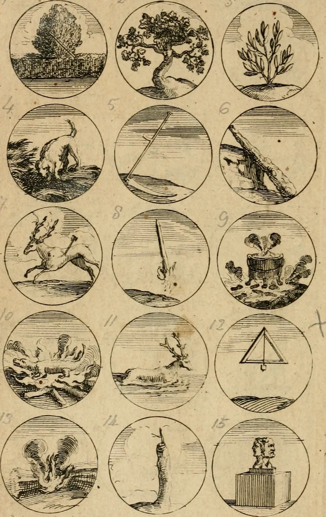 An illustration from Recueil d'emblêmes, devises, medailles, et figures hieroglyphiques : au nombre de plus de douze cent, avec leurs explications, accompagné de plus de deux mille chiffres fleuronnez simples, doubles & triples, d'une maniere nouvelle & fort curieuse pour tous les noms imaginable : avec les tenants, supports, & cimiers servans aux ornemens des armes ..., 1696, leaf 31