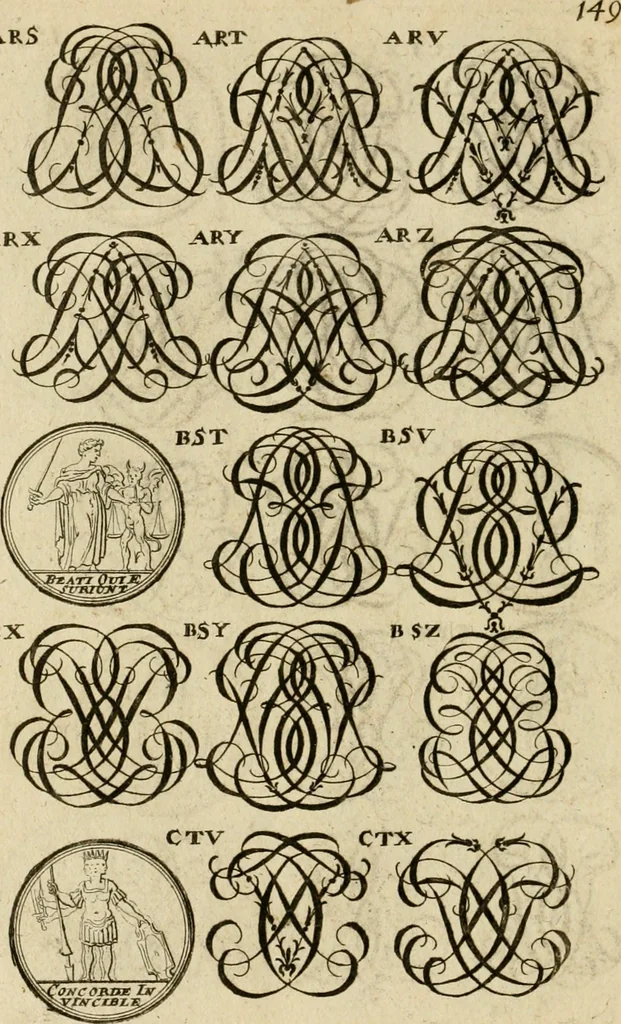 An illustration from Recueil d'emblêmes, devises, medailles, et figures hieroglyphiques : au nombre de plus de douze cent, avec leurs explications, accompagné de plus de deux mille chiffres fleuronnez simples, doubles & triples, d'une maniere nouvelle & fort curieuse pour tous les noms imaginable : avec les tenants, supports, & cimiers servans aux ornemens des armes ..., 1696, leaf 313