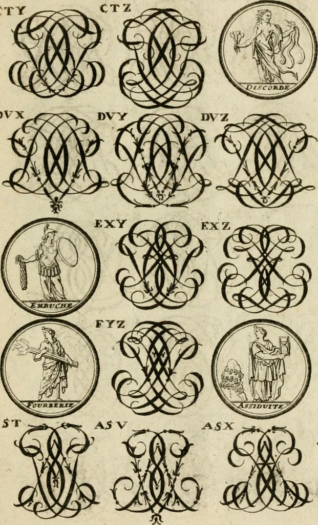 An illustration from Recueil d'emblêmes, devises, medailles, et figures hieroglyphiques : au nombre de plus de douze cent, avec leurs explications, accompagné de plus de deux mille chiffres fleuronnez simples, doubles & triples, d'une maniere nouvelle & fort curieuse pour tous les noms imaginable : avec les tenants, supports, & cimiers servans aux ornemens des armes ..., 1696, leaf 314