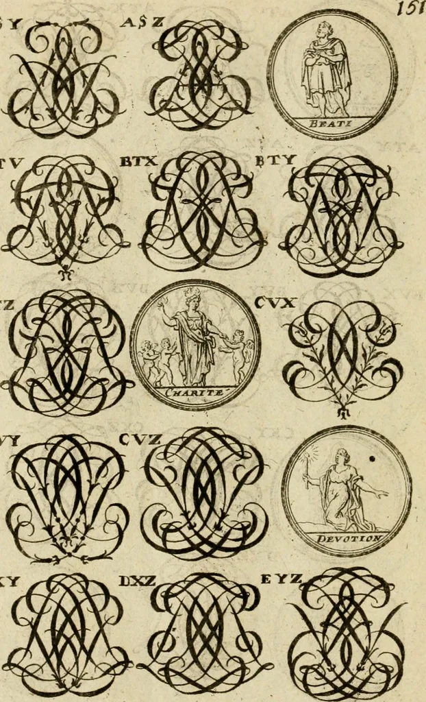 An illustration from Recueil d'emblêmes, devises, medailles, et figures hieroglyphiques : au nombre de plus de douze cent, avec leurs explications, accompagné de plus de deux mille chiffres fleuronnez simples, doubles & triples, d'une maniere nouvelle & fort curieuse pour tous les noms imaginable : avec les tenants, supports, & cimiers servans aux ornemens des armes ..., 1696, leaf 315