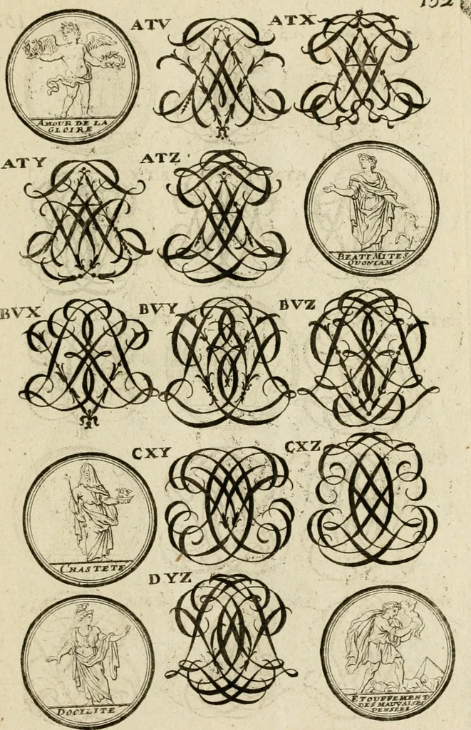 An illustration from Recueil d'emblêmes, devises, medailles, et figures hieroglyphiques : au nombre de plus de douze cent, avec leurs explications, accompagné de plus de deux mille chiffres fleuronnez simples, doubles & triples, d'une maniere nouvelle & fort curieuse pour tous les noms imaginable : avec les tenants, supports, & cimiers servans aux ornemens des armes ..., 1696, leaf 316